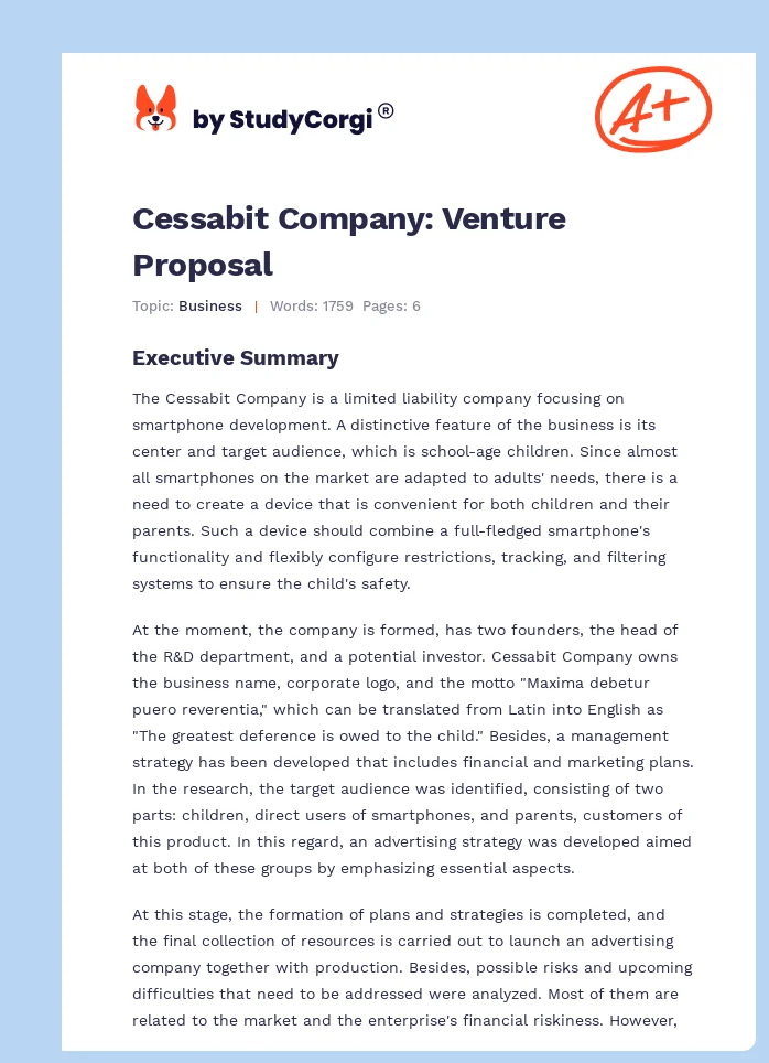 Cessabit Company: Venture Proposal. Page 1