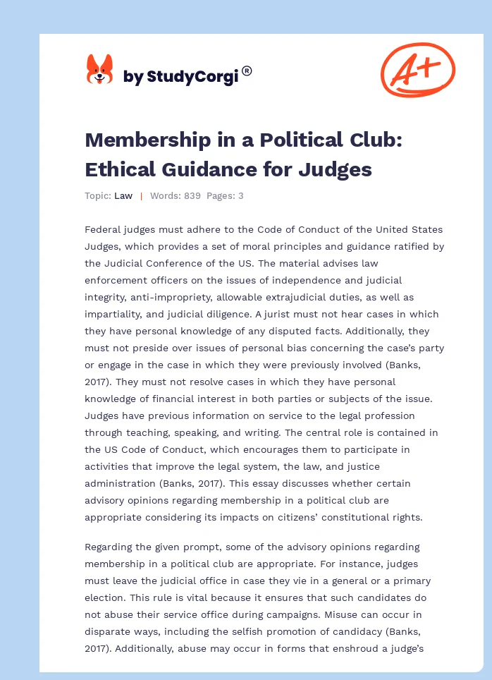 Membership in a Political Club: Ethical Guidance for Judges. Page 1