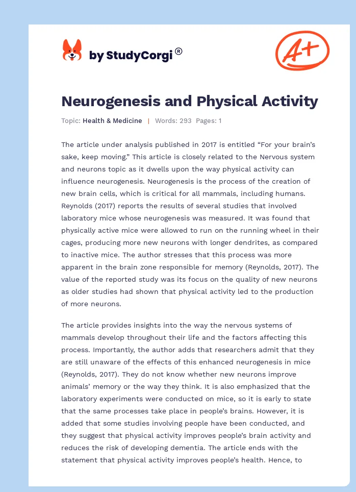 Neurogenesis and Physical Activity. Page 1
