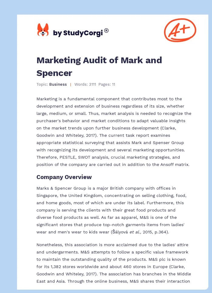 Marketing Audit of Mark and Spencer. Page 1