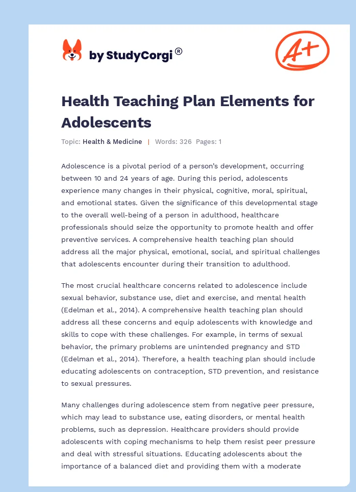 Health Teaching Plan Elements for Adolescents. Page 1