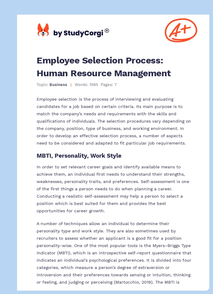 Employee Selection Process: Human Resource Management. Page 1