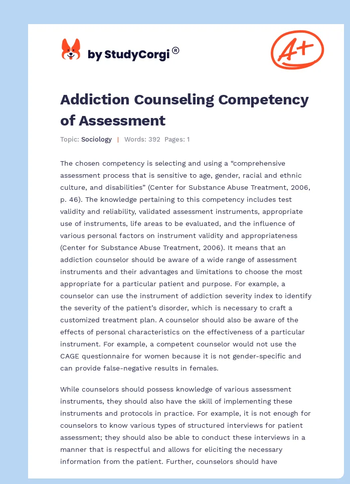 Addiction Counseling Competency of Assessment. Page 1