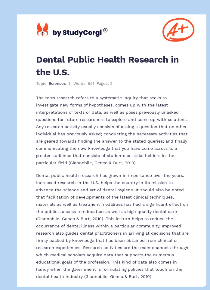 Dental Public Health Research in the U.S.. Page 1