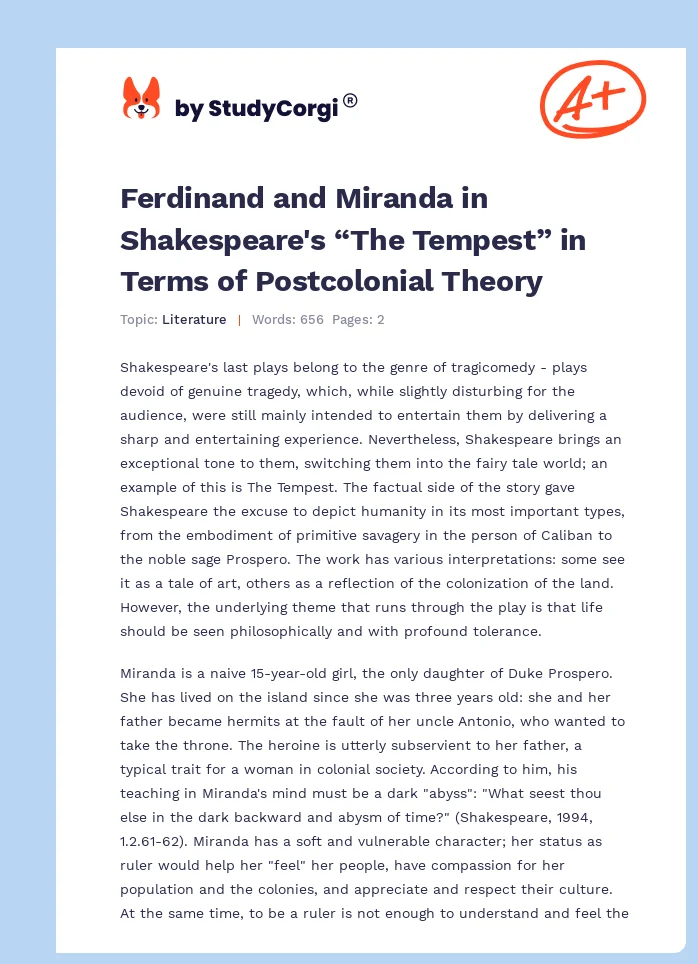 Ferdinand and Miranda in Shakespeare's “The Tempest” in Terms of Postcolonial Theory. Page 1