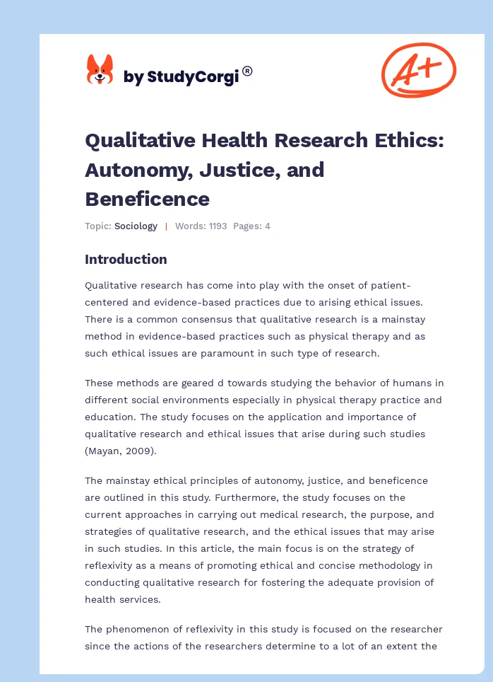 Qualitative Health Research Ethics: Autonomy, Justice, and Beneficence. Page 1