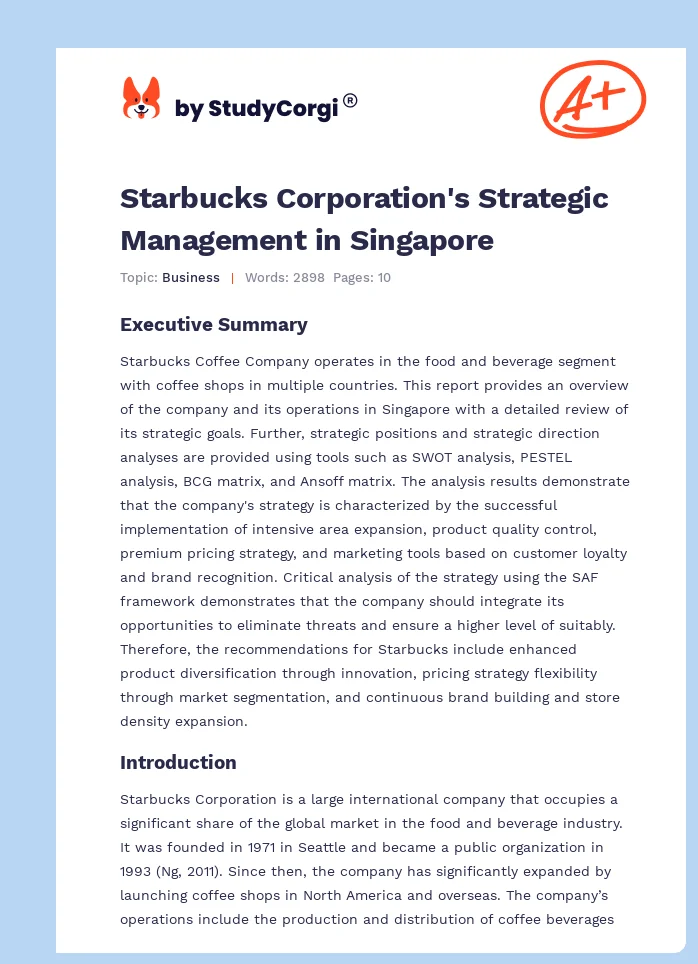 Starbucks Corporation's Strategic Management in Singapore. Page 1