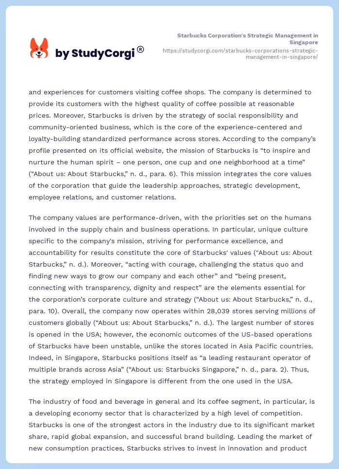 Starbucks Corporation's Strategic Management in Singapore. Page 2