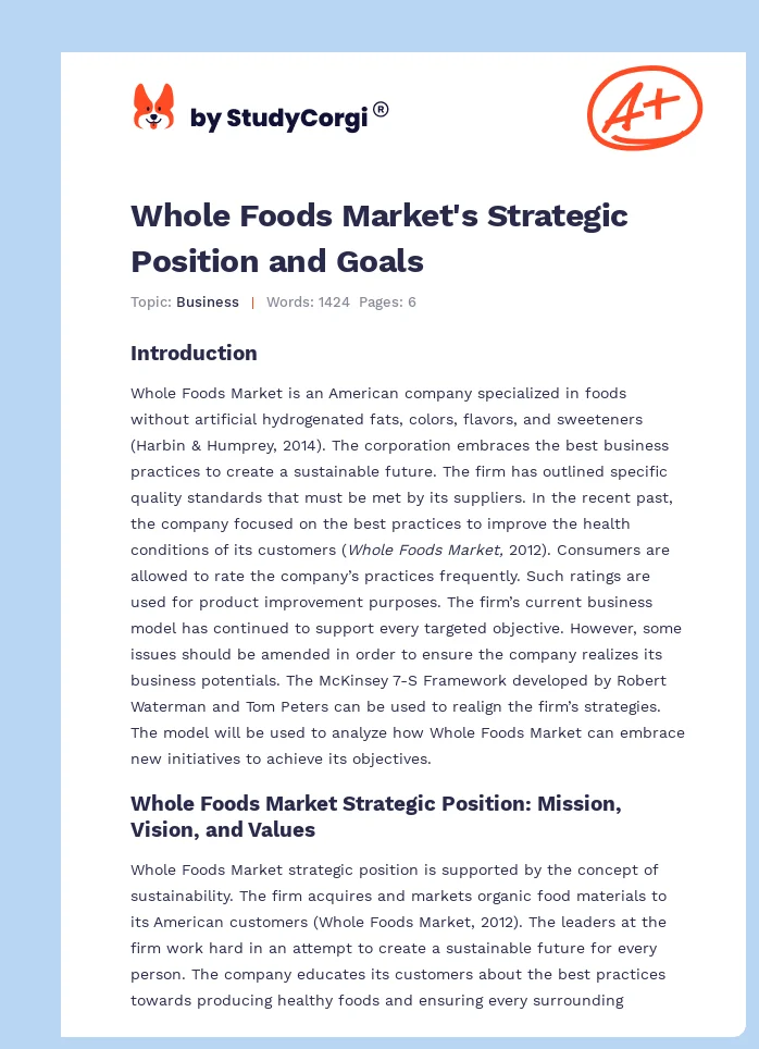 Whole Foods Market's Strategic Position and Goals. Page 1