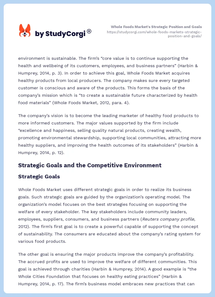 Whole Foods Market's Strategic Position and Goals. Page 2