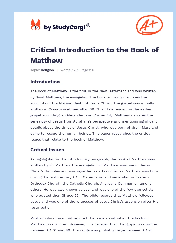 Critical Introduction to the Book of Matthew. Page 1