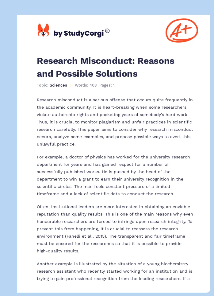 Research Misconduct: Reasons and Possible Solutions. Page 1