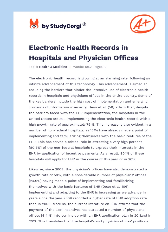 Electronic Health Records in Hospitals and Physician Offices. Page 1