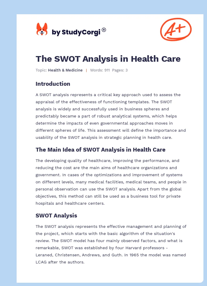 The SWOT Analysis in Health Care. Page 1