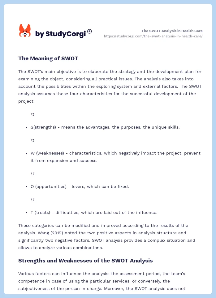 The SWOT Analysis in Health Care. Page 2