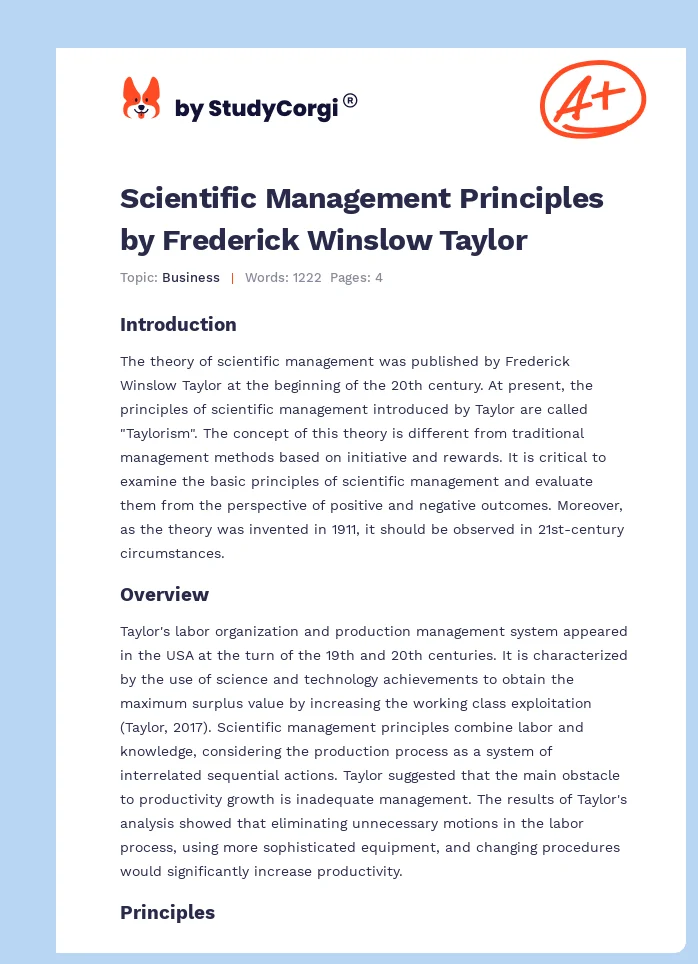 Scientific Management Principles by Frederick Winslow Taylor. Page 1