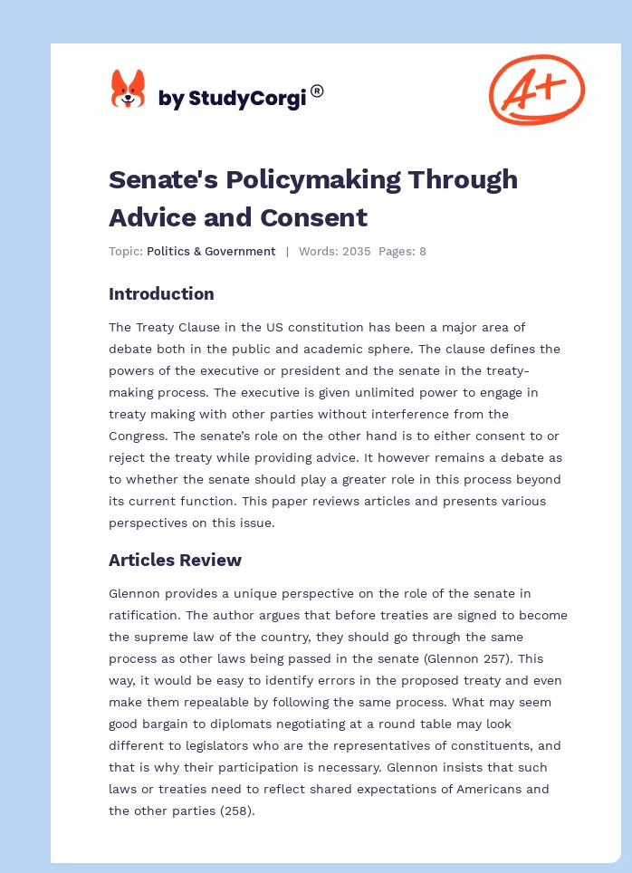 Senate's Policymaking Through Advice and Consent. Page 1