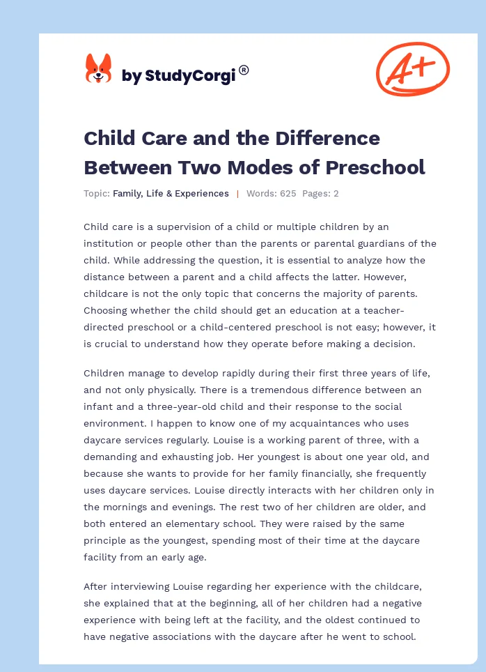 Child Care and the Difference Between Two Modes of Preschool. Page 1