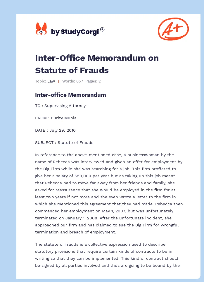 Inter-Office Memorandum on Statute of Frauds. Page 1