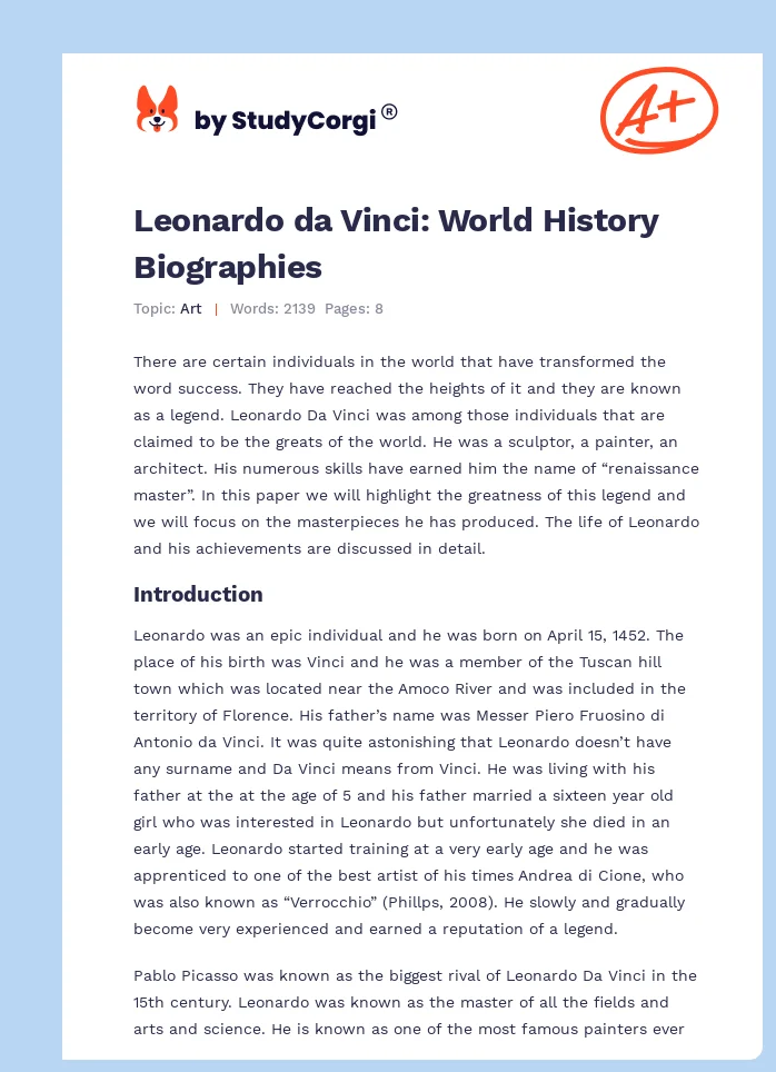 Leonardo da Vinci: World History Biographies. Page 1