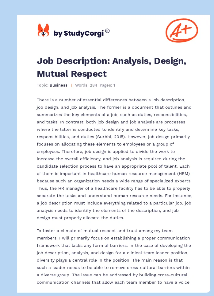 Job Description: Analysis, Design, Mutual Respect. Page 1