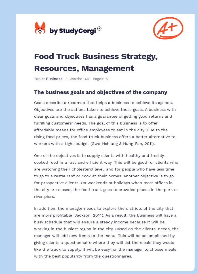 Food Truck Business Strategy, Resources, Management. Page 1