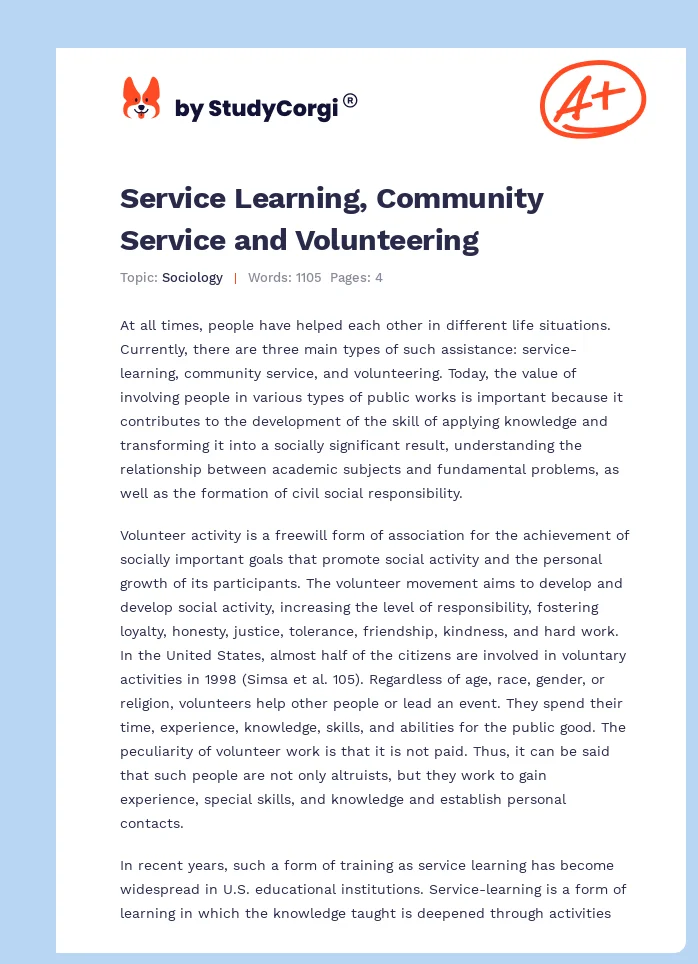 Service Learning, Community Service and Volunteering. Page 1