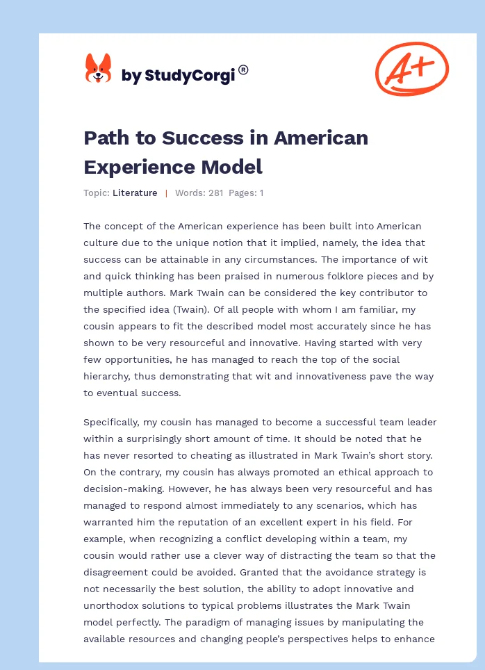 Path to Success in American Experience Model. Page 1