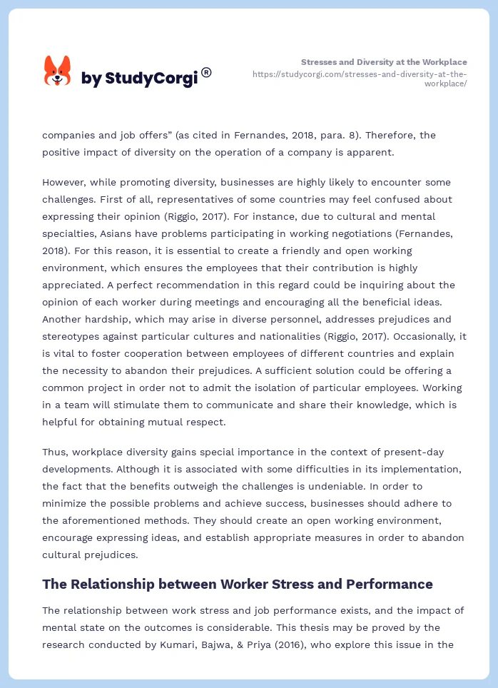 Stresses and Diversity at the Workplace. Page 2