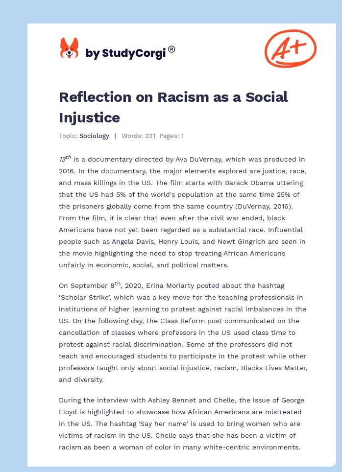 Reflection on Racism as a Social Injustice. Page 1