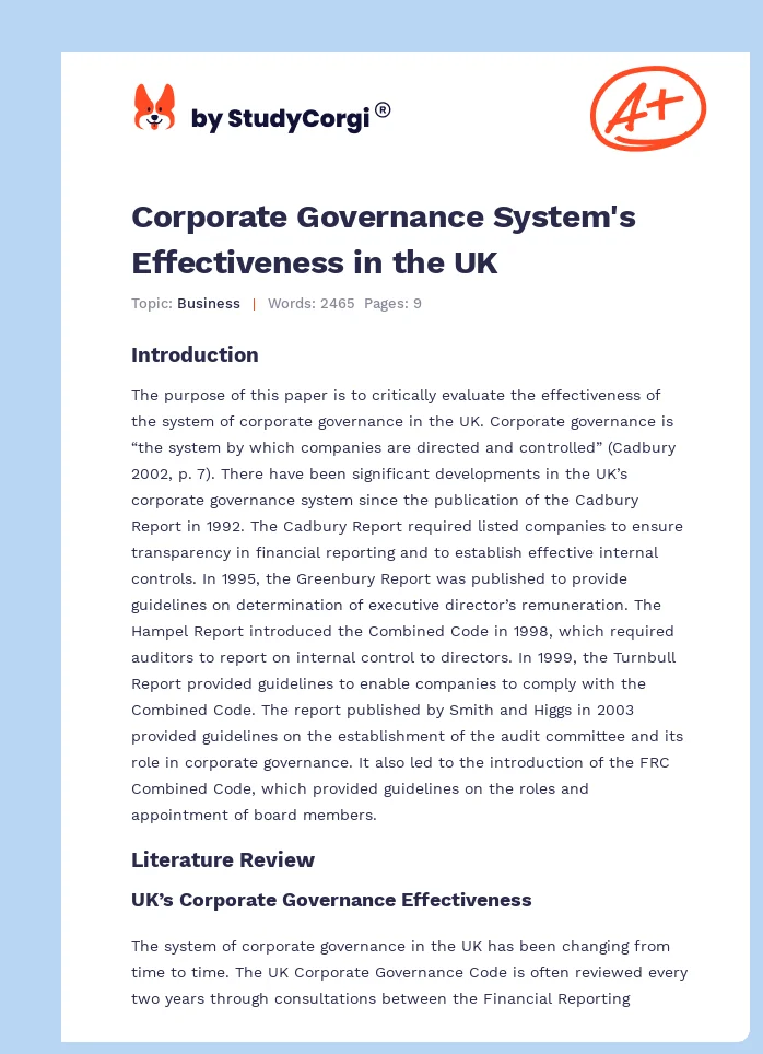Corporate Governance System's Effectiveness in the UK. Page 1