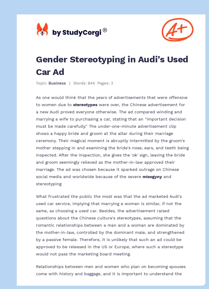 Gender Stereotyping in Audi’s Used Car Ad. Page 1