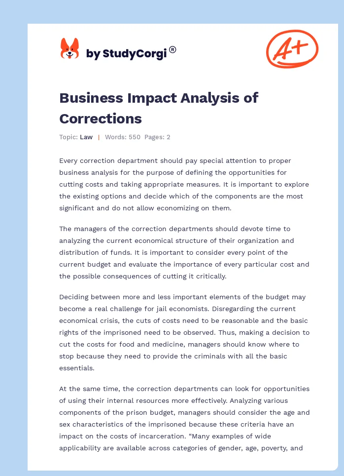 Business Impact Analysis of Corrections. Page 1