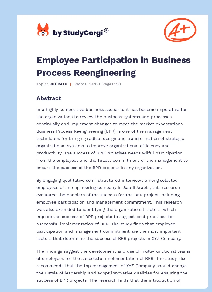 Employee Participation in Business Process Reengineering. Page 1