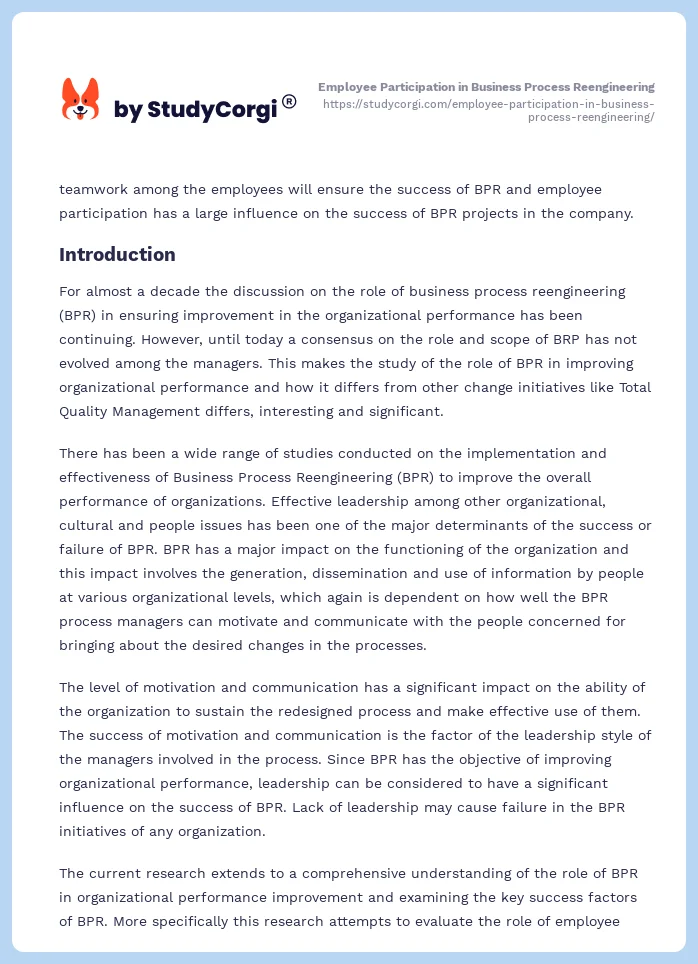 Employee Participation in Business Process Reengineering. Page 2