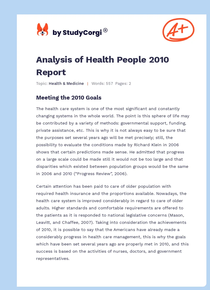 Analysis of Health People 2010 Report. Page 1