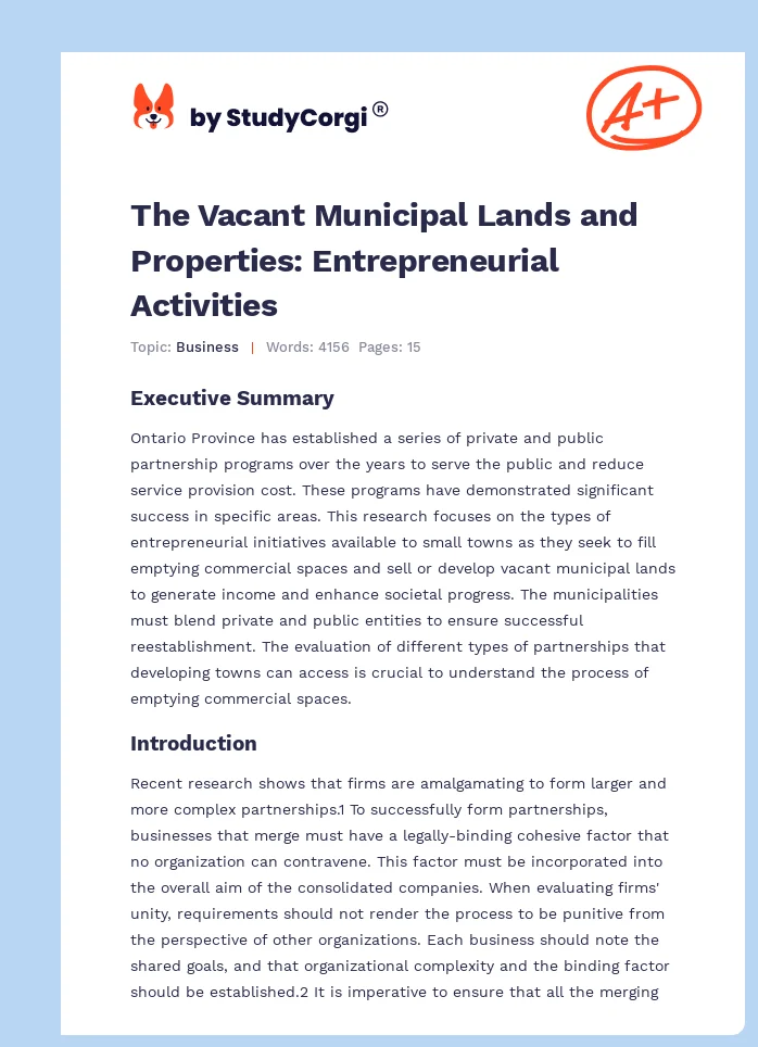 The Vacant Municipal Lands and Properties: Entrepreneurial Activities. Page 1