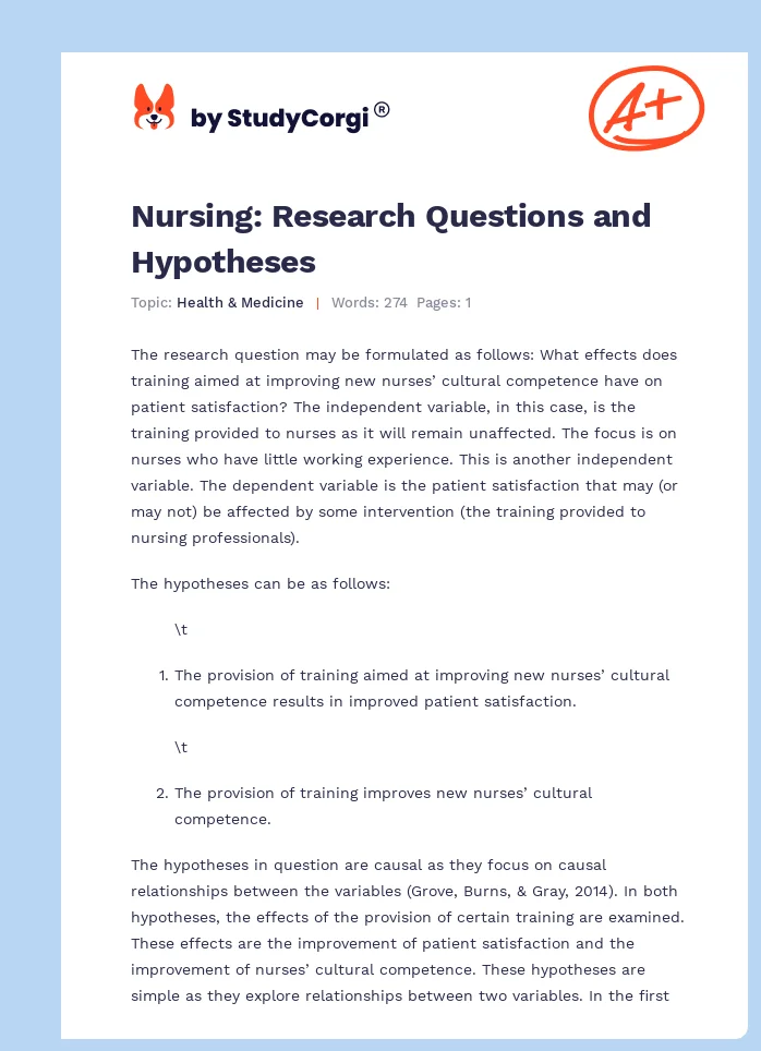 Nursing: Research Questions and Hypotheses. Page 1