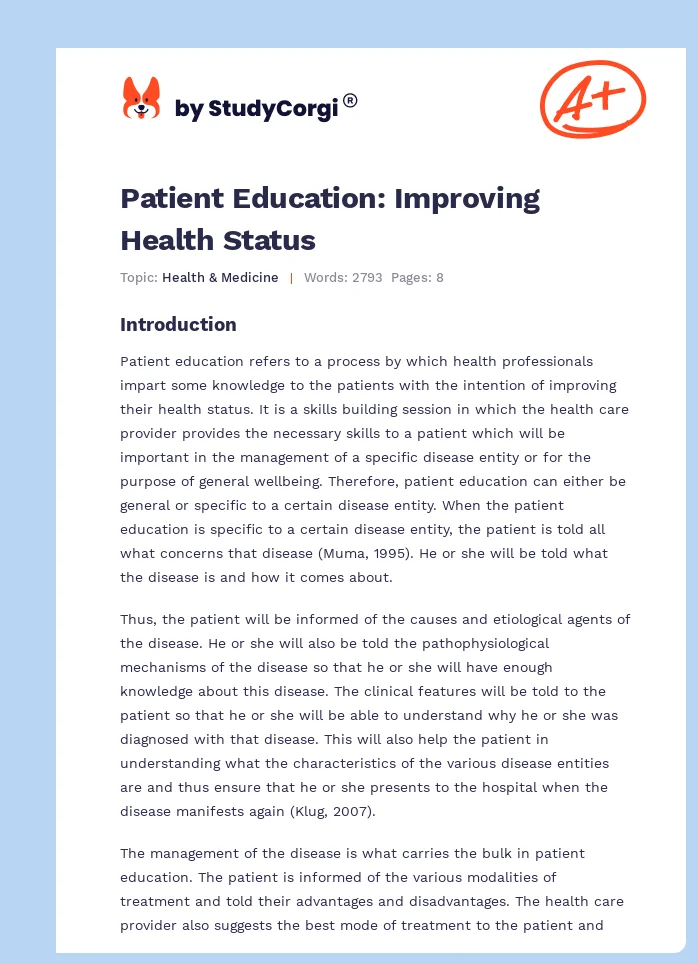 Patient Education: Improving Health Status. Page 1