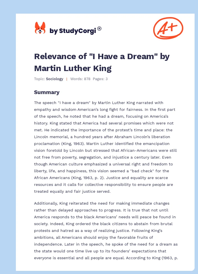 Relevance of "I Have a Dream" by Martin Luther King. Page 1