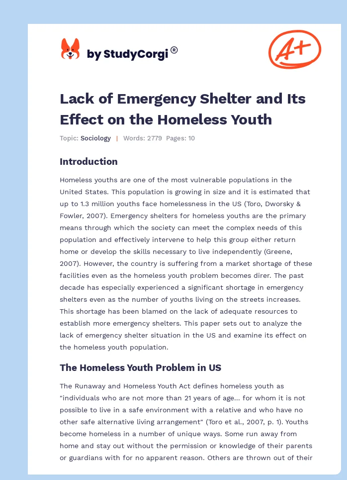 Lack of Emergency Shelter and Its Effect on the Homeless Youth. Page 1
