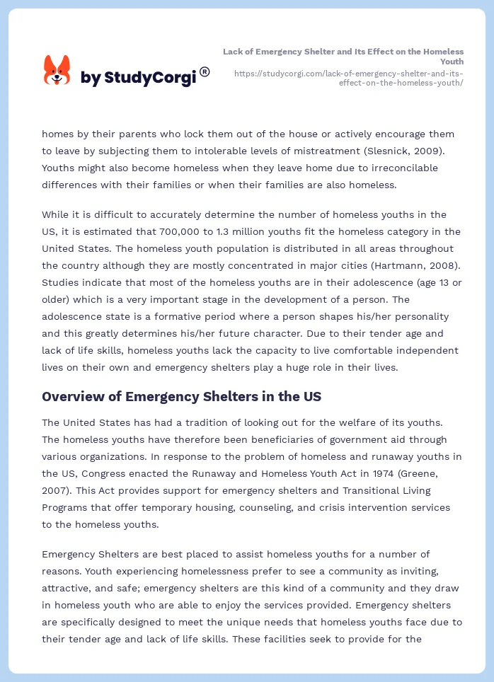 Lack of Emergency Shelter and Its Effect on the Homeless Youth. Page 2