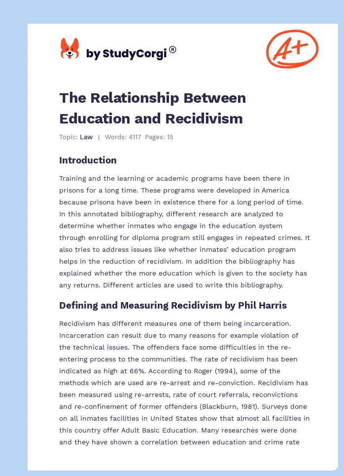 The Relationship Between Education and Recidivism. Page 1