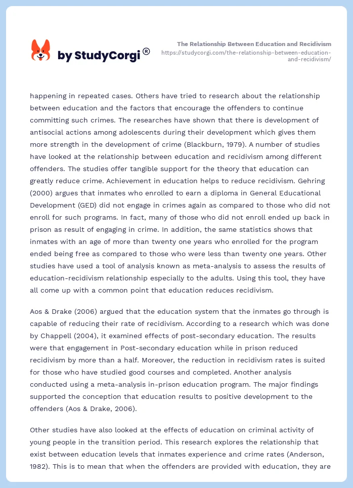 The Relationship Between Education and Recidivism. Page 2