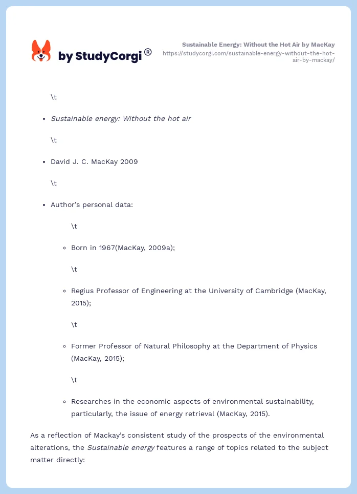 Sustainable Energy Without The Hot Air By MacKay Free Essay Example