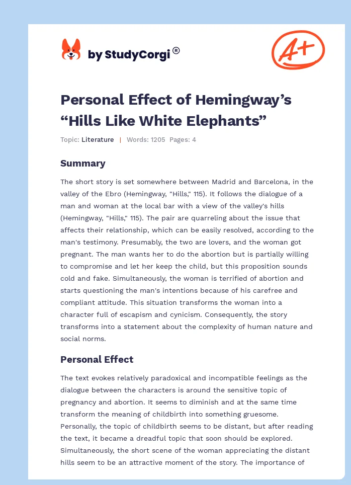 Personal Effect of Hemingway’s “Hills Like White Elephants”. Page 1