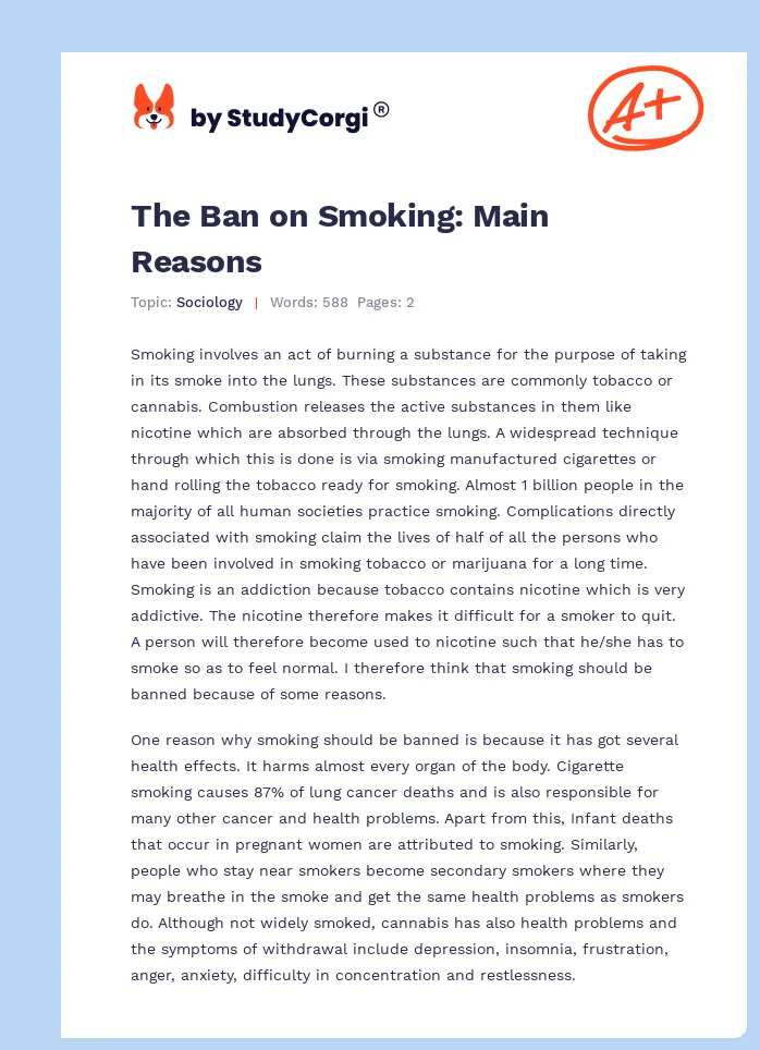 The Ban on Smoking: Main Reasons. Page 1