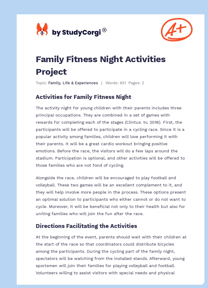 Family Fitness Night Activities Project. Page 1