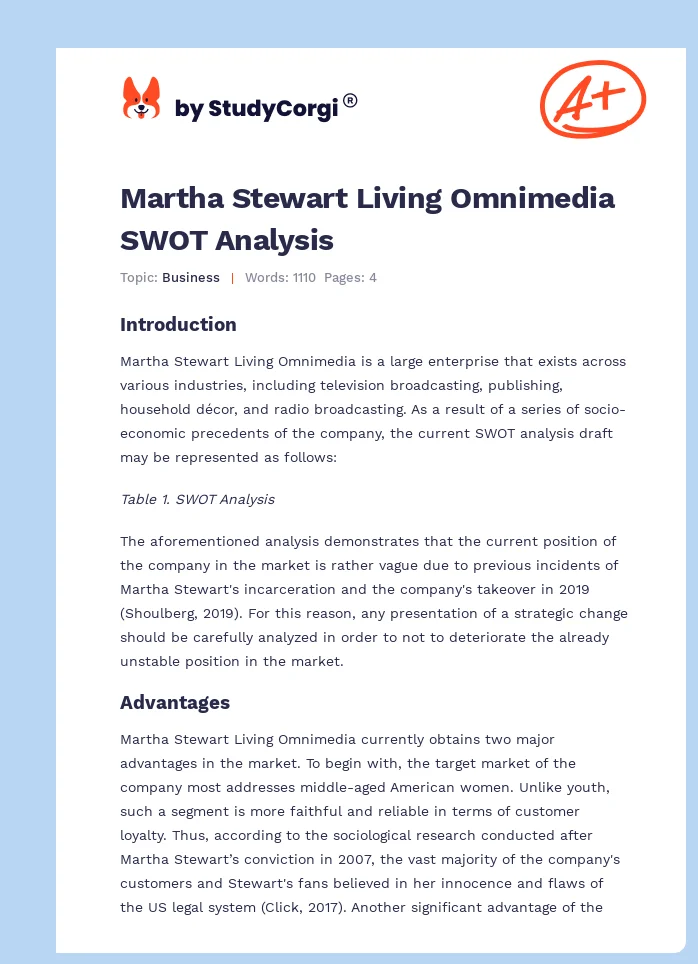 Martha Stewart Living Omnimedia SWOT Analysis. Page 1