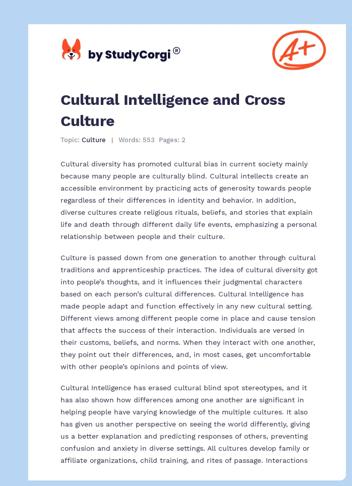 Cultural Intelligence and Cross Culture. Page 1